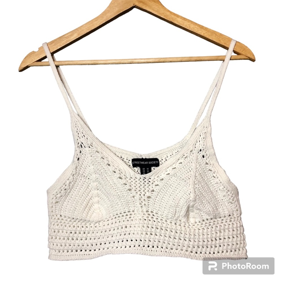 Streetwear Society Crochet Crop Top Womens Medium Cream Bohemian Cotton